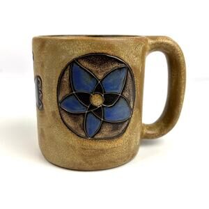 Mara Stoneware Blue Design Cross Mug Ceramic Tan Blue Mexico